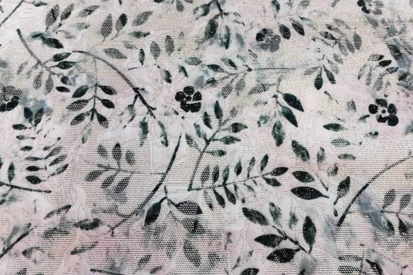 Rainbow Fabrics PB:  Green Leaves On White Gold Metallic Polyester Brocade