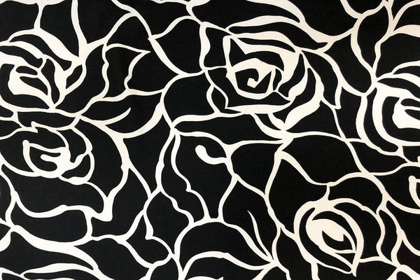 Rainbow Fabrics PL: White Rose Abstract on Black Lycra / Spandex Price per meter