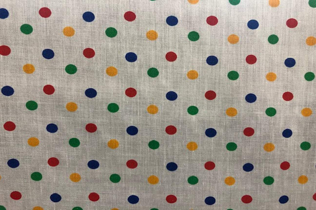 Rainbow Fabrics PP: Colourful Small Dots on White Printed Poly Cotton Multi Coloured