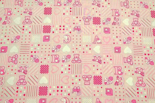 Rainbow Fabrics PP: Pink Nursery Printed Poly Cotton Multi Coloured