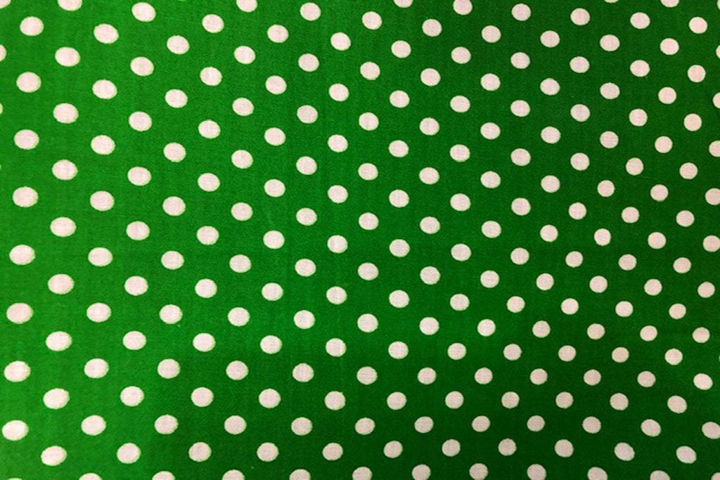 Rainbow Fabrics PP: Small White Dots On Green Printed Poly Cotton Multi Coloured