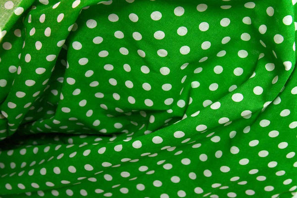 Rainbow Fabrics PP: Small White Dots on Green Printed Poly Cotton Multi Coloured