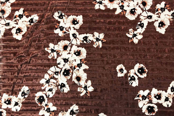 Rainbow Fabrics PV: Cherry Blossom on Red Brown Deluxe Stretch Printed Velvet