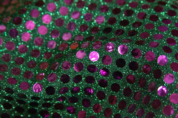 Rainbow Fabrics RS: Purple Sequin on Green Green Fabric