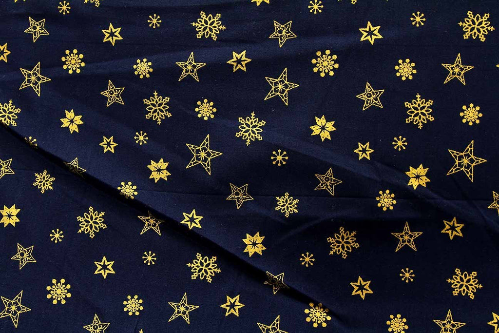 Rainbow Fabrics S1: Gold Winter Stars on Black Black Craft Fabric