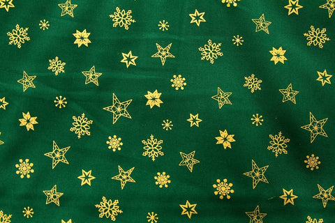 S1: Gold Winter Stars on Green Patchwork / Craft Fabric SOLD OUT
