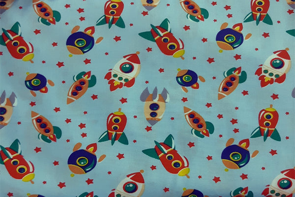 Rainbow Fabrics Spaceship On Baby Blue Patchwork / Craft Fabric Blue Craft Fabric