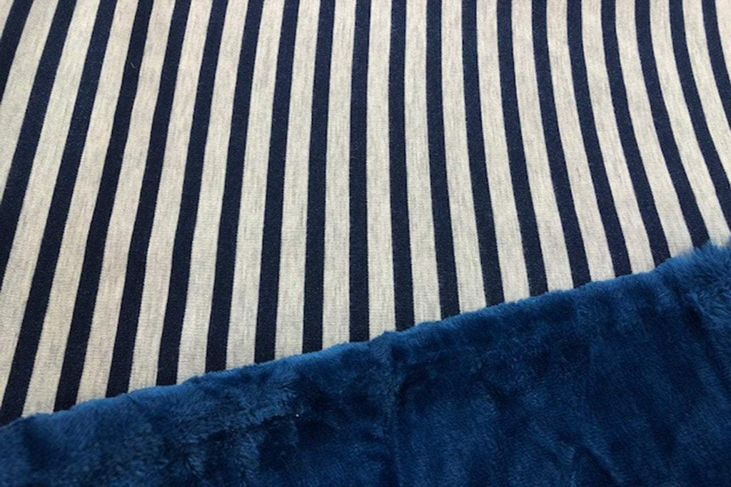 Rainbow Fabrics SPF: Beige and Navy Stripe Sapphire Plush Fleece