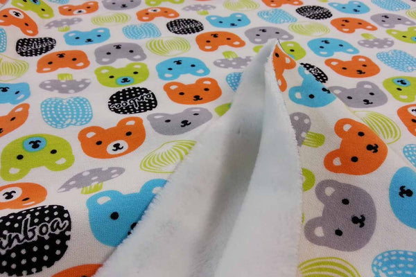 Rainbow Fabrics SPF: Colourful Anboa Bear Face Printed Sapphire Plush Fleece