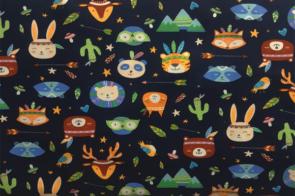 Rainbow Fabrics Wild Cartoon Animals On Dark Navy Patchwork / Craft Fabric Blue Craft Fabric